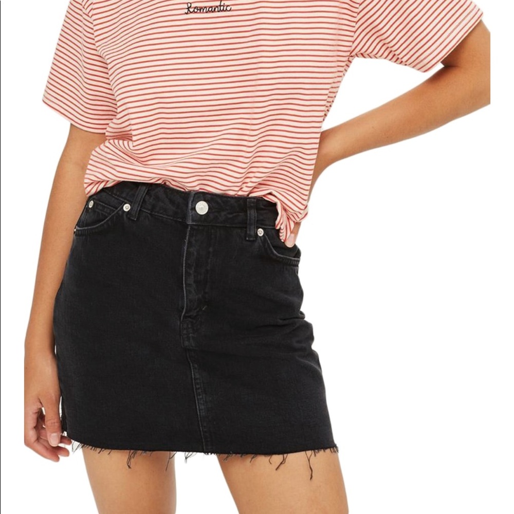 TOPSHOP Frayed Hem Black Denim Miniskirt
